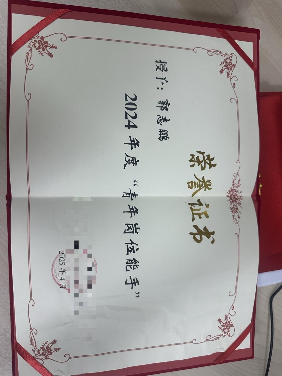 青年岗位能手荣誉证书